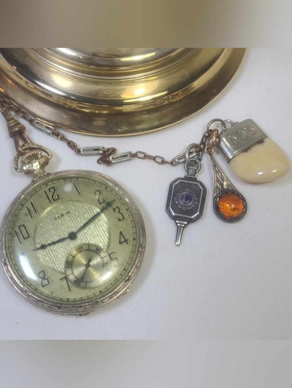 Elgin Pocket Watch 14k Gold Filled & 24k Gold Plated Dome & Elks Lodge Charms